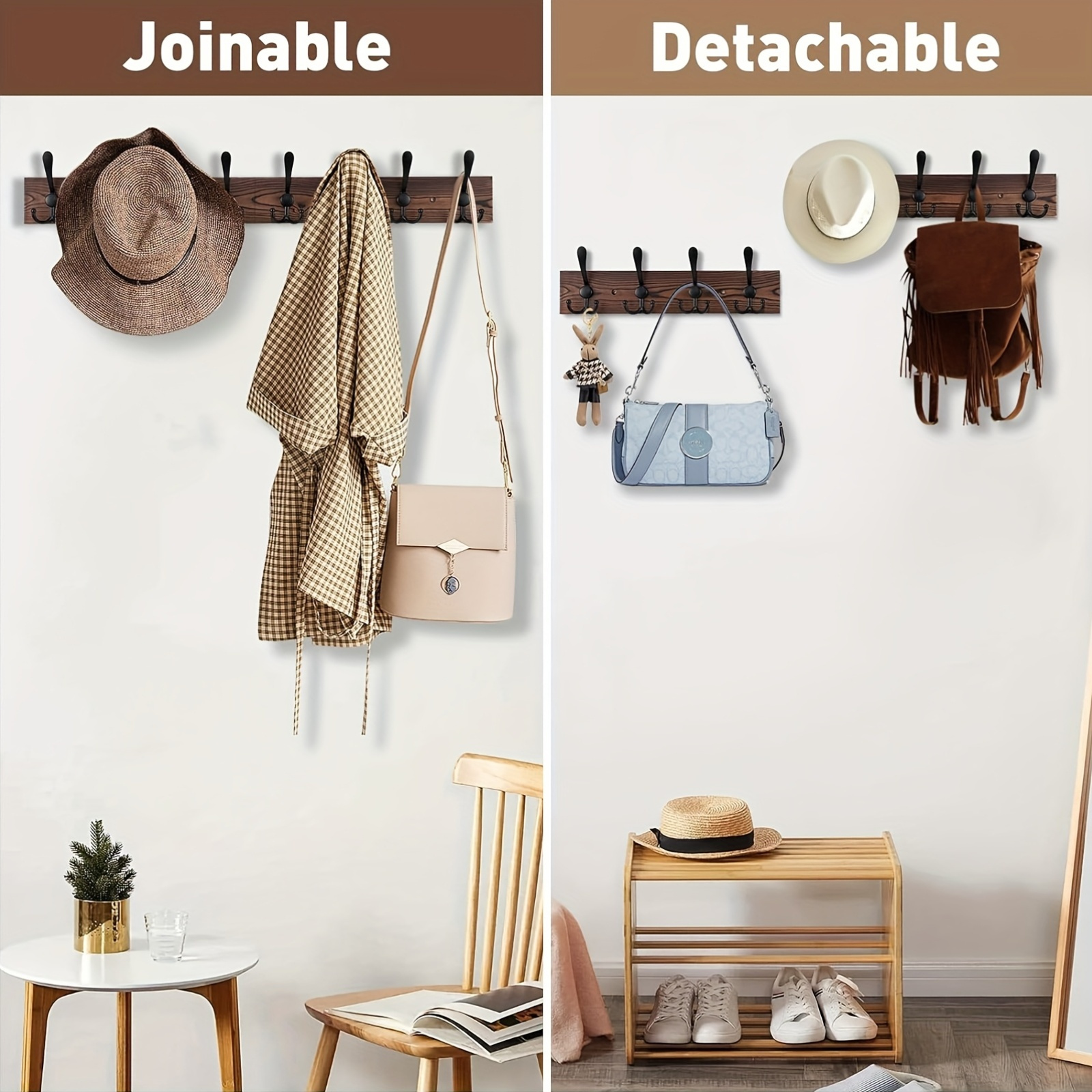 32.2'' Large Coat Rack Wall Mount Coat Hooks Coat Hanger with 8 Metal Black Triple-Hooks Brown Pine Real Wood Plank Hat Rack for Wall Hooks for Hanging Coat Hat Jacket - Image 8