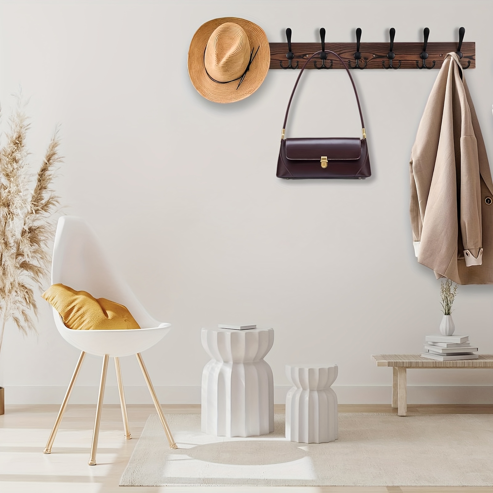 32.2'' Large Coat Rack Wall Mount Coat Hooks Coat Hanger with 8 Metal Black Triple-Hooks Brown Pine Real Wood Plank Hat Rack for Wall Hooks for Hanging Coat Hat Jacket - Image 6