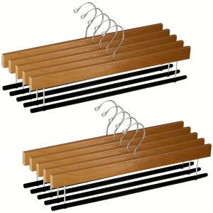 10 Pack Heavy-Duty Wood Pants Hangers with 360° Swivel Hooks - Non-Slip 16-Inch Space-Saving Garment Hangers Suitable for Jeans, Shorts, Dresses - Brown Wardrobe & Retail Store Organization Hangers
