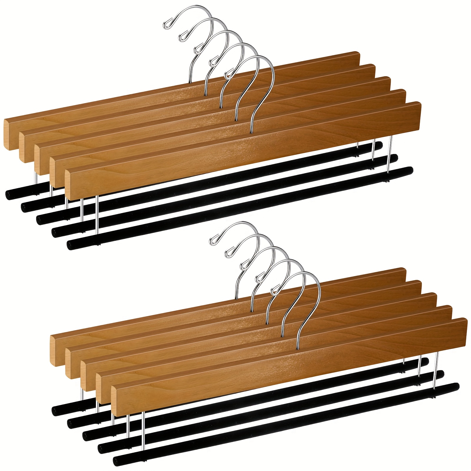 10 Pack Heavy-Duty Wood Pants Hangers with 360° Swivel Hooks - Non-Slip 16-Inch Space-Saving Garment Hangers Suitable for Jeans, Shorts, Dresses - Brown Wardrobe & Retail Store Organization Hangers