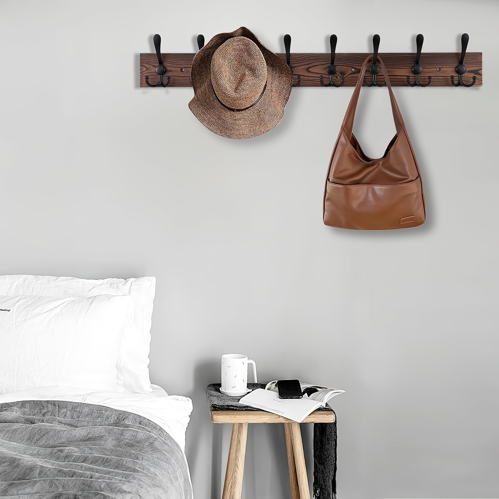 32.2'' Large Coat Rack Wall Mount Coat Hooks Coat Hanger with 8 Metal Black Triple-Hooks Brown Pine Real Wood Plank Hat Rack for Wall Hooks for Hanging Coat Hat Jacket - Image 4