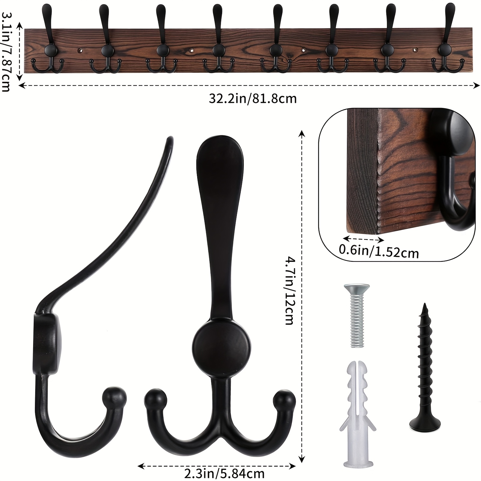 32.2'' Large Coat Rack Wall Mount Coat Hooks Coat Hanger with 8 Metal Black Triple-Hooks Brown Pine Real Wood Plank Hat Rack for Wall Hooks for Hanging Coat Hat Jacket - Image 5