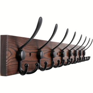 32.2'' Large Coat Rack Wall Mount Coat Hooks Coat Hanger with 8 Metal Black Triple-Hooks Brown Pine Real Wood Plank Hat Rack for Wall Hooks for Hanging Coat Hat Jacket