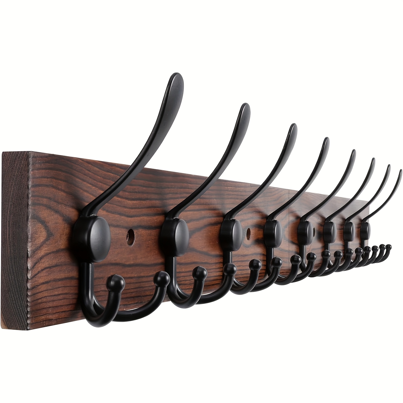 32.2'' Large Coat Rack Wall Mount Coat Hooks Coat Hanger with 8 Metal Black Triple-Hooks Brown Pine Real Wood Plank Hat Rack for Wall Hooks for Hanging Coat Hat Jacket