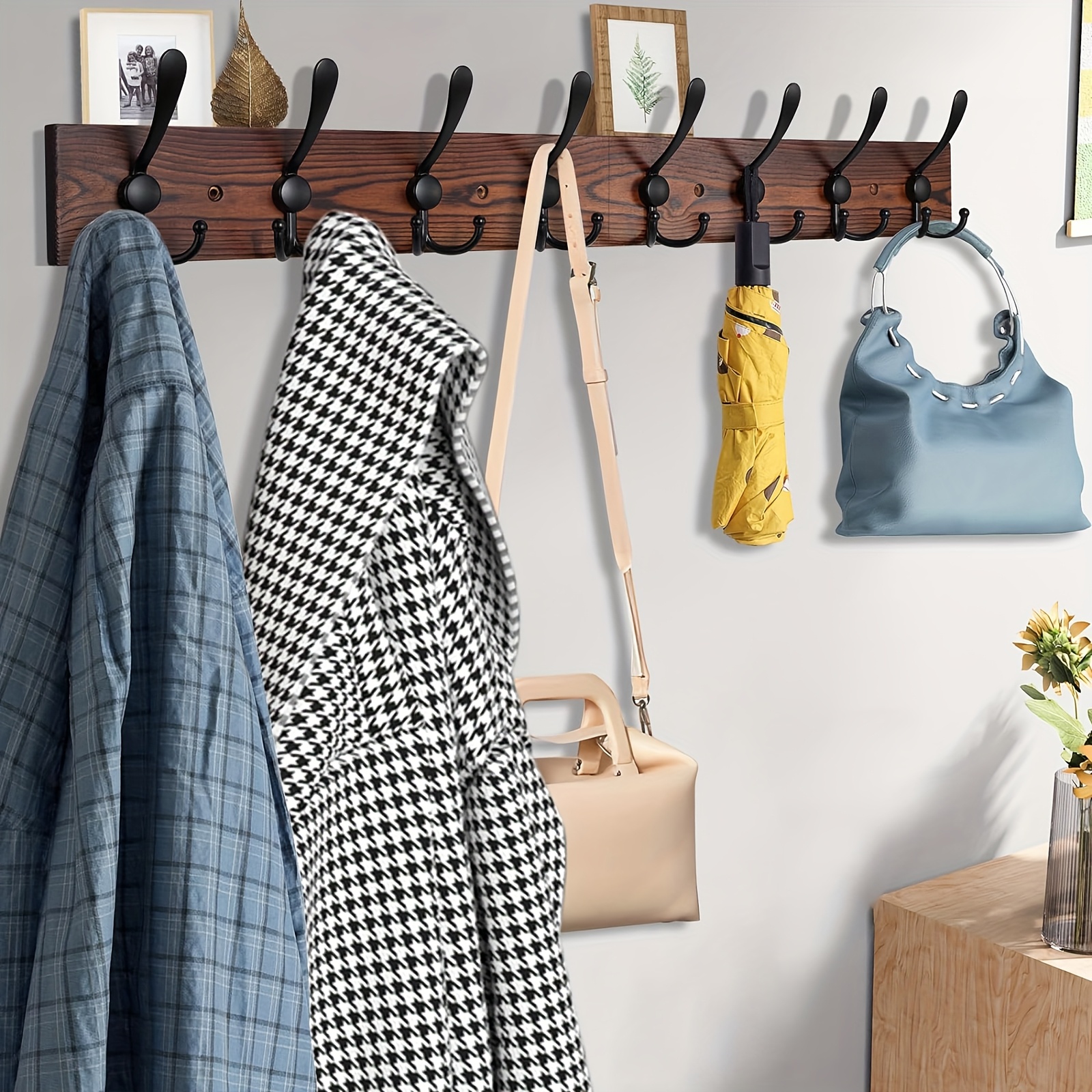 32.2'' Large Coat Rack Wall Mount Coat Hooks Coat Hanger with 8 Metal Black Triple-Hooks Brown Pine Real Wood Plank Hat Rack for Wall Hooks for Hanging Coat Hat Jacket - Image 3